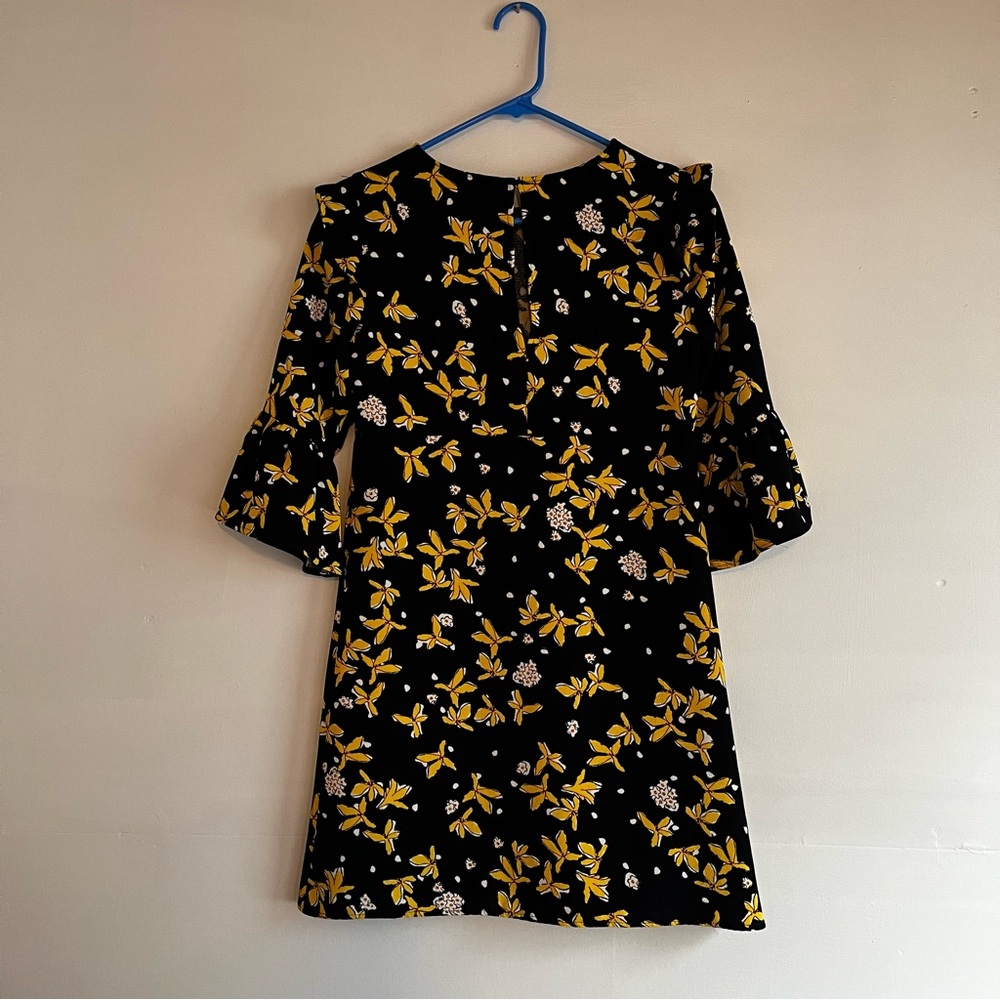 Zara Basic Flowered Navy and Yellow Dress, 3/4 Length Sleeves, Size XS